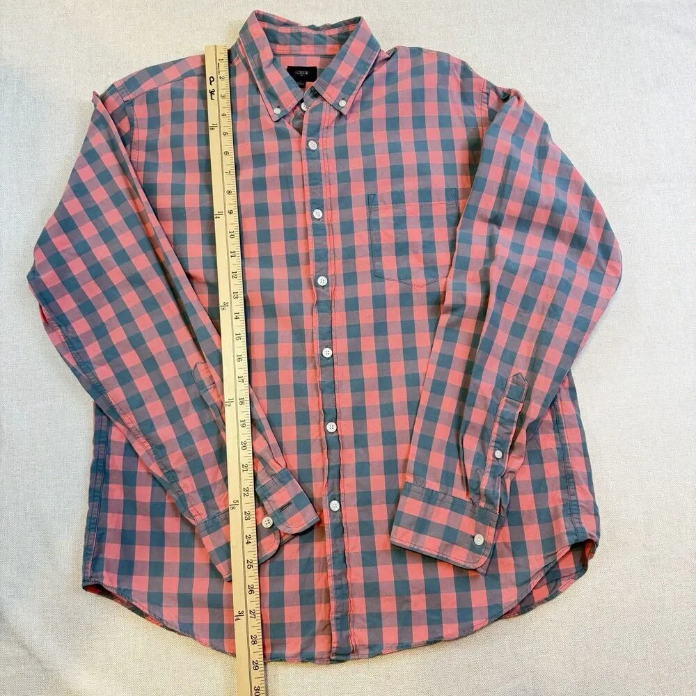J.Crew Mens Large Pink Blue Gingham Check Button Down Shirt Long Sleeve Cotton